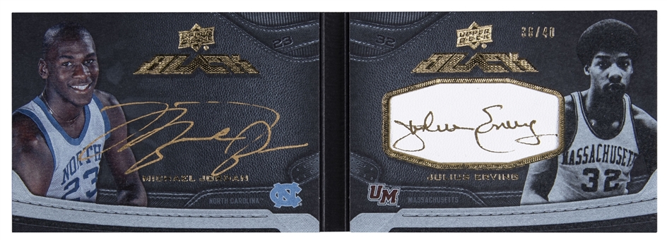 2012/13 "Exquisite Collection" UD Black "Dual Autograph" #L-JE Michael Jordan/Julius Erving Dual Signed Patch College Logo Booklet (#36/40)